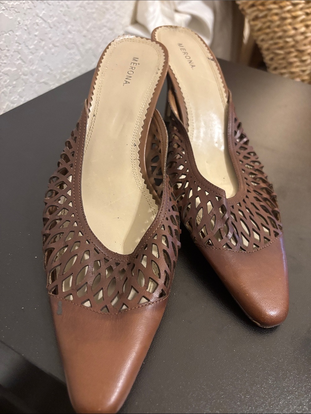 Merona Brown Laser-Cut Pointed Slip-On Mules